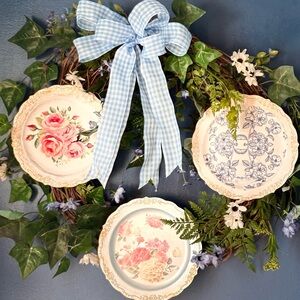 Floral Decorative Plates Set with Blue Ribbon